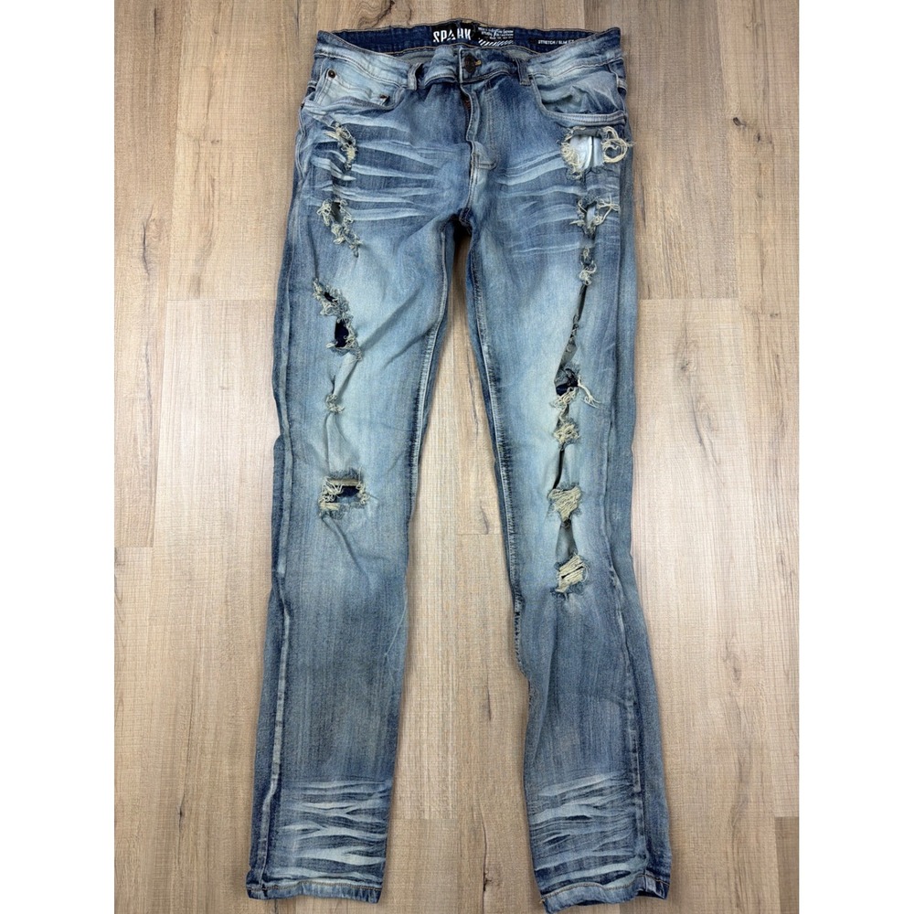 Spark Mens Premium Denim Studio Collection Distressed Slim Fit Jeans Blue 34x32
